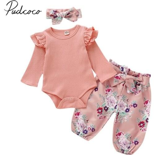 2019 Baby Spring Autumn Clothing Newborn Infant Baby Girl Clothes Knitted Ribbed Tops Romper+ Sash Flower Pants 3Pcs Outfits Set