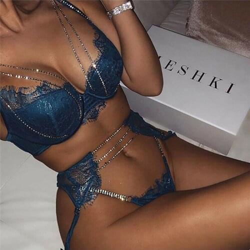 Hirigin Sexy Lingerie Ultra-thin Transparent Bra Set with Crystal Chain Lace Bra Set 3pcs/set Bra+Tongs+Garter Sexy Underwear