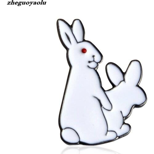 Creative Cute Two White Rabbits Evil Badge Corsage Collar Metal Brooch Pins Badges Clothes Fashion Jewelry Gift For Christmas