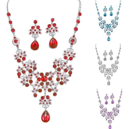 Lady Rhinestone Butterfly Teardrop Dangle Bib Necklace Stud Earrings Jewelry Set