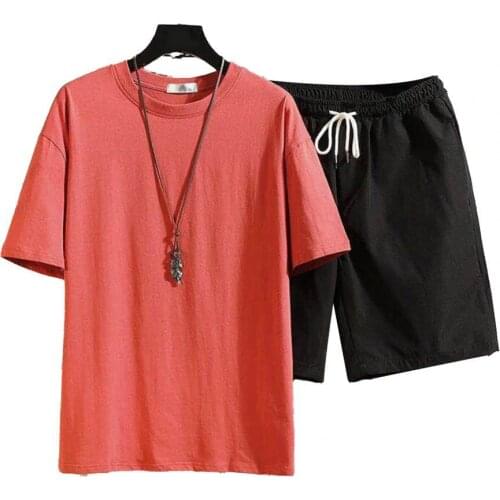 Men Tracksuit Sporty Sportswear Solid Color Drawstring Summer Round Neck Short Sleeve T-shirt Shorts Set Men Tracksuit Plus Size