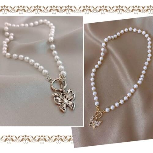 Imitation Pearl Choker Necklace Sweet Rhinestone Crystal Butterfly Pendant Necklace For Women Girl Gift