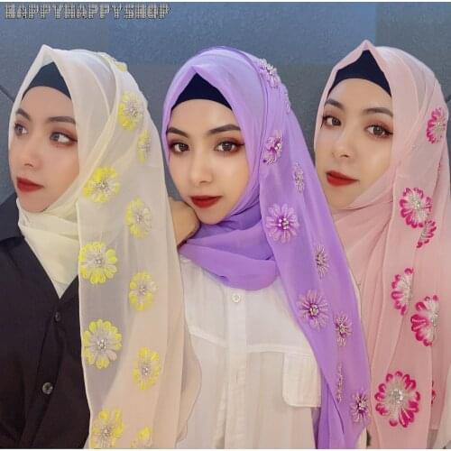 Islamic Muslim Women Beaded Flower Hijab Long Scarves Summer Chiffon Shawls Arab Head Scarf Wrap Shayla Female 165cm*65cm