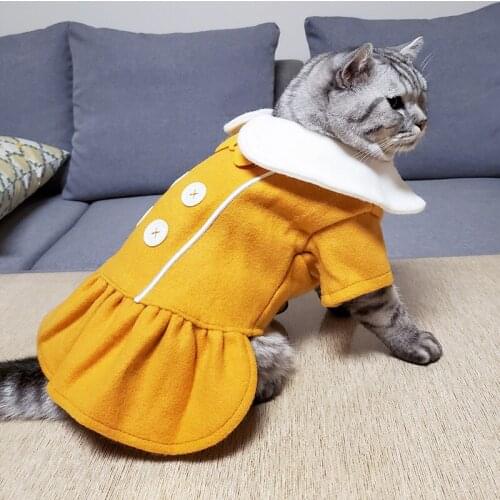 Cat Kitten Doll Collar Woolen Dress Pet Cat Outfits Puppy Dog Autumn Winter Warm Buttons Bowknot Coat Dress Cute Pleated Skirt