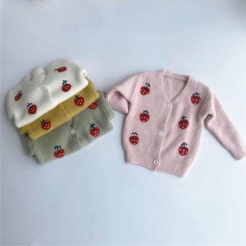 2 3 4 5 Y Baby Girls Sweaters Korean Style Cute Kids Sweater Jackets 2020 Autumn Strawberry Embroidery Knit Cardigan for Girl
