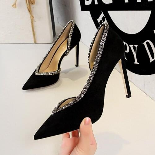 OLOMLB Womens Pointy Toe Rhinestones Crystal Stilettos High Heel Pumps Low Top Sexy Party Wedding Shoes 8Colors New 2020