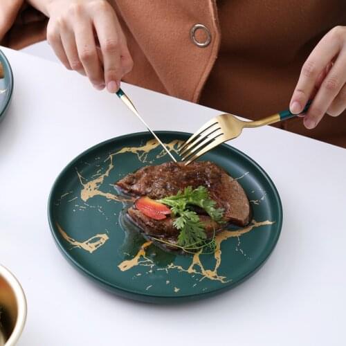 Western plate steak plate European home ceramic pendulum knife and fork plate set black marble-print pizza plate