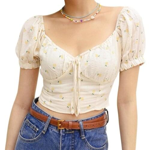 Women Blouse Floral Print Square Collar Sweet Slim Exposed Navel Short Sleeve Shirt
