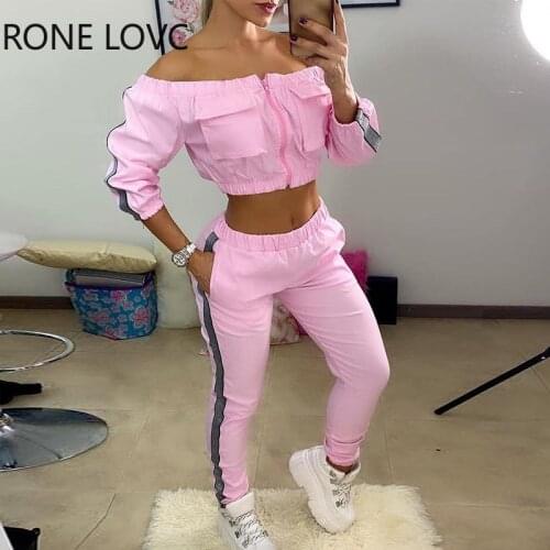 Women Soild Off Shoulder Letter Ribbon Crop Long Sleeves Top Long Pants Set 2 Piece Set Women Spring Set