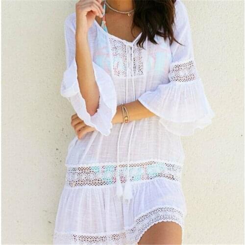 Womens Bikini Cover Up Dress Half Flared Sleeve Lace Beachwear Ladies Swimwear Cover-Ups Summer Loose Crochet Beach Dress