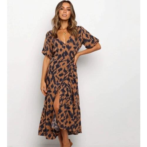 Ardm Fashion V Neck Lantern Sleeve Holiday Style Beach Summer Dress Wrap Lace Up Ruffled Women Dress Leopard Print Midi Dress