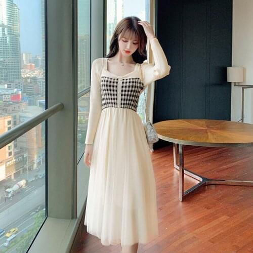 2021 autumn and winter coffee break French slim new gauze stitching knitted sweater dress women long sleeve long dress