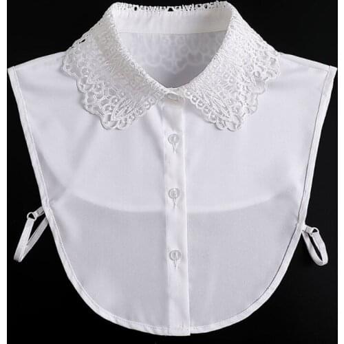 066C Women Decorative Layering Half Shirt Detachable White Dickey Blouse Hollow Out Embroidery Lace Pointed Lapel False Collar