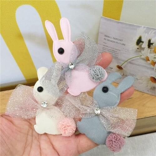 10Pcs 4*7CM Mesh Rabbit With Ball Applique For DIY Clothes Shoes Hat Headwear Clips Crafts Decor Patches