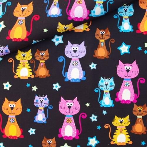 110cmx100cm Cotton Woven Fabric for Textile, Pathwork, Cloth - Cats and star on black background(170g/m)