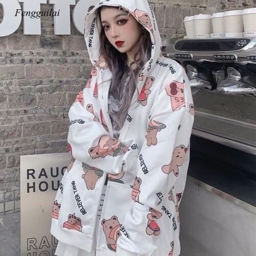 2021 Cute Bear Print Women Harajuku Sweatshirts Japan Kawaii Pocket Casual Pullovers Tops Autumn Oversized Hoodies New