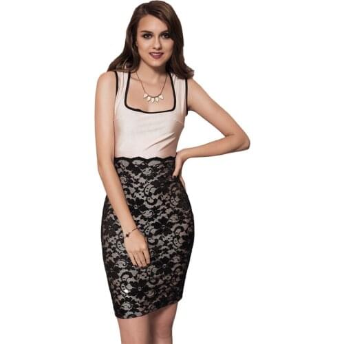 Square Neck Work Business Cocktail Party Club Sheath Bodycon Dress Sleeveless Floral Lace Stitching Sexy Vestidos R80447