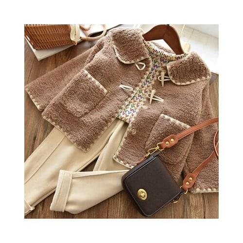 Girls' Korean autumn and winter lamb cashmere top childrens foreign style medium long coat female baby fur one piece coat