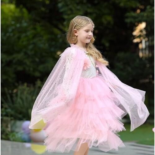 Girl Princess Party Costume Drawstring Sequin Tulle Cape Cloak Halloween Dress Up Mantle for Princess Elsa Jasmine Sofia pink