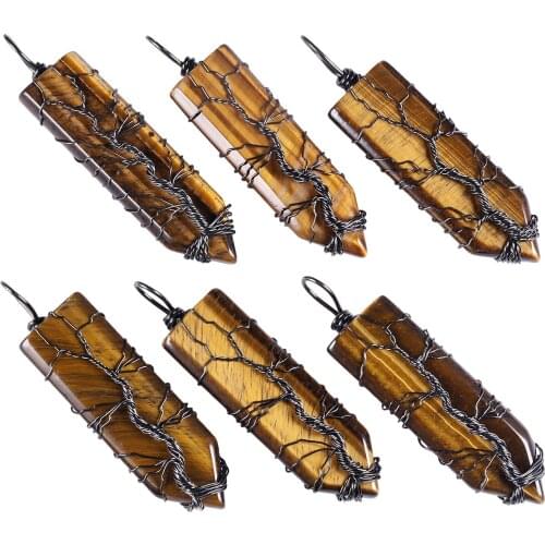 Gemstone Tree of Life Wire Wrapped Pendant Necklace for Women, Handmade Crystal Point Sword Shaped Pendant with Chain