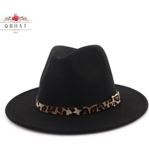 QBHAT Leopard Grain Leather Decor Handmade Wide Brim Wool Felt Fedora Hats Caps Men Women Jazz Panama Cap Trilby Sombrero