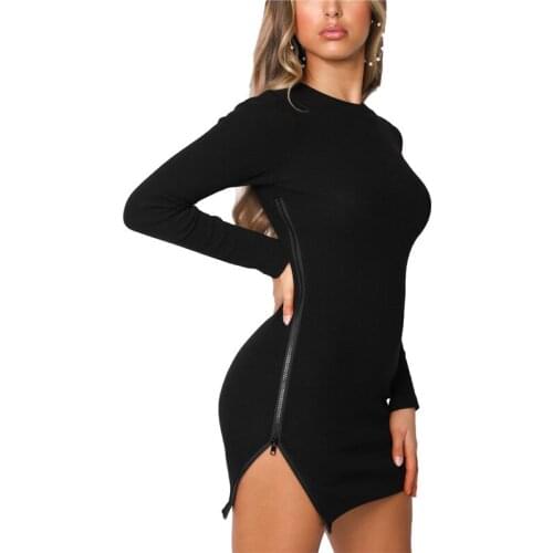 Hirigin Womens Autumn Spring Bodycon Dresses Fashion Long Sleeve O Neck Slim Stretch Side Zipper Pencil Mini Dress Party Casual