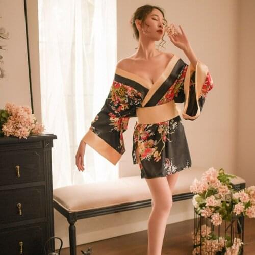 Kakaforsa Women Japanese Kimono Sleepwear Sexy Deep V-neck Kimono Satin Floral Printed Nightwear Short Bath Robe