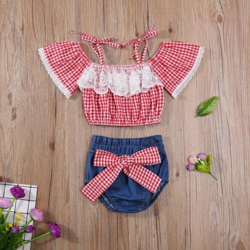 0-18M Lovely Baby Girls Clothes Sets Plaid Printed Lace Off Shoulder Belt T Shirts Tops+Denim Shorts