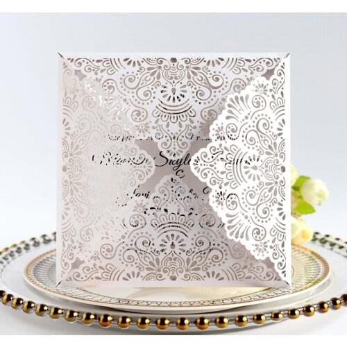 25Pcs Creative Four Fold Wedding Invitations With Pearl Paper Laser Cut Invitation Greeting Cards Baby Shower Party Supplies