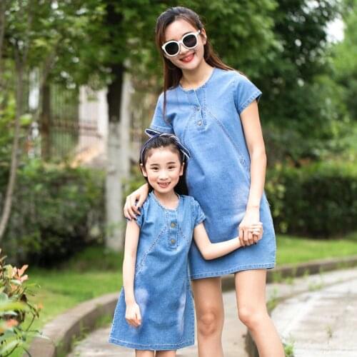 Summer Casual Mom Daughter Dress Family Matching Outfit Mother Daughter Dresses Jeans Girl Denim Dress Mother & Kids Clothes