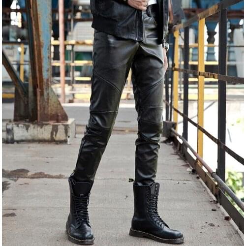 Splice personality fashion Plus velvet thicken motorcycle faux leather pants mens feet pants pu trousers for men pantalon homme