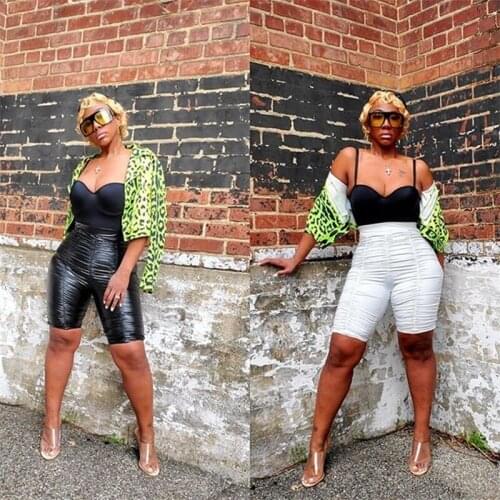 Pleated Tight Sexy Straight Shorts Women High Waisted Bandage Leggings Club Party PU Faux Leather Short Trousers Female