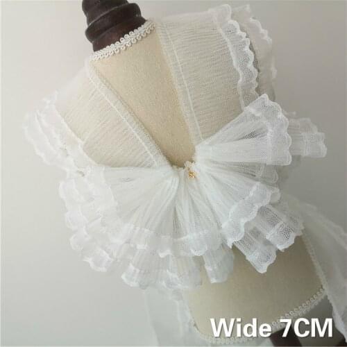 7CM Wide Luxury White Double Layers Elastic Tulle Lace Fabric Ruffle Trim Ribbon Collar Cuffs Skirts Hem Splice Sewing Supplies