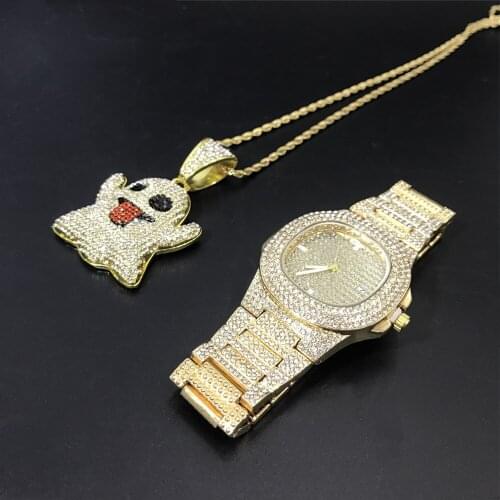 Luxury Gold Hip Hop Jewelry Stylish Watch & Necklace Combo Set Watch Men Hip Hop Necklace Chain Ice Out Cuban Watch For Men