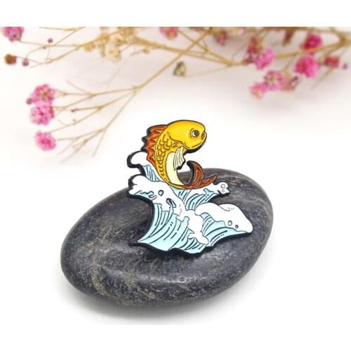 A fish jumping out of the water Enamel Brooch Cartoon animal Lapel Pin Carp leaping over the dragons gate Fun Badge