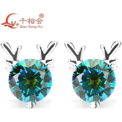 925 silver Milu deer earrings with one-time forming mixed special color 5mm round shape cz stone ear stud Earing