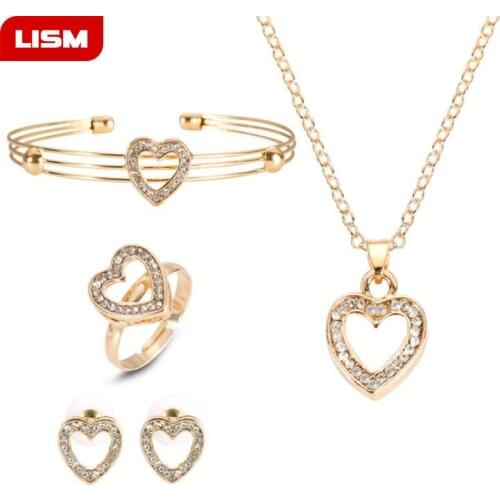 4 Pcs/ Set Cute Heart Shaped Neclace Earrings Sets Jewelry Crystal Kid Children Lovely Gold Color Jewelry Sets for Girl Gift