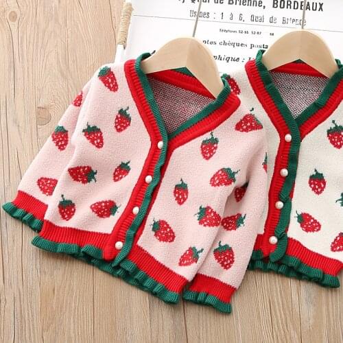 Fall Toddler Girl Sweater Strawberry Fruit Embroidery Mink Hair Knit Cardigan Sweaters Winter Kids Clothes Christmas Outfits