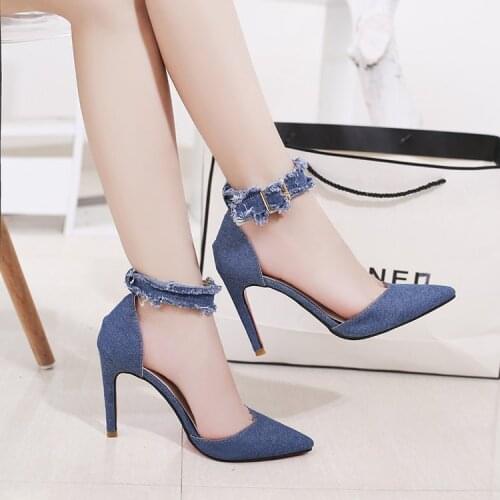 Solid Casual Pumps Women Sandals New Denim Pointed Toe Buckle Strap Genuine Leather Non-Slip 10cm Thin High Heels Female Shoes