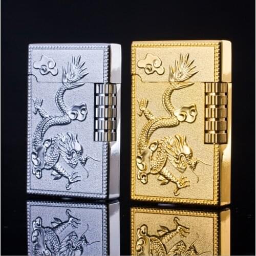 Creative dragon Phoenix metal Embossed Butane inflatable gas Cigarette lighter Unusual Side ignition grinding wheel igniter Gift