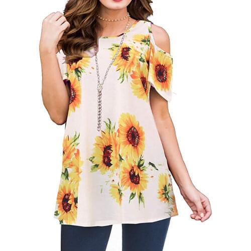 Womens Floral Tie Dye Printing O-Neck Short Off Shoulder Sleeve Blouse T-Shirts Loose Top For Summer Autumn Female Casual Wear