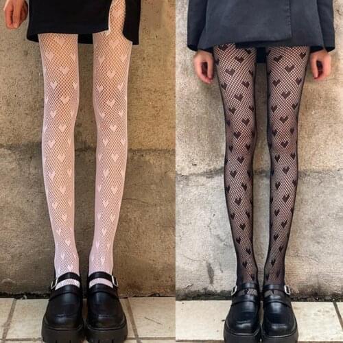 Women Sexy Lace Pantyhose Sweet Love Heart Pattern Jacquard Tights Gothic Punk Lolita Hollow Out Fishnet Mesh Stockings