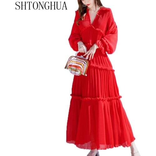 SHTONGHUA Spring Maxi Long Dress New 2019 High Quality Women Beautiful Red Ruffles Flare sleeve Ankle length Holiday Party dress