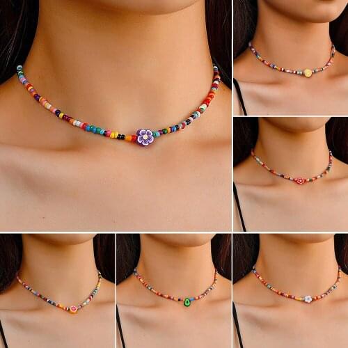Bohemian Colorful Handmade Rice Bead Necklace Simple Fashion Women Flower Beaded Collarbone Chain Choker Necklaces Jewelry