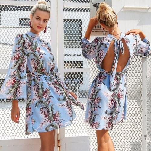 Women dress 2019 summer new womens trumpet sleeves printed chiffon sexy backless dress women dress dresses