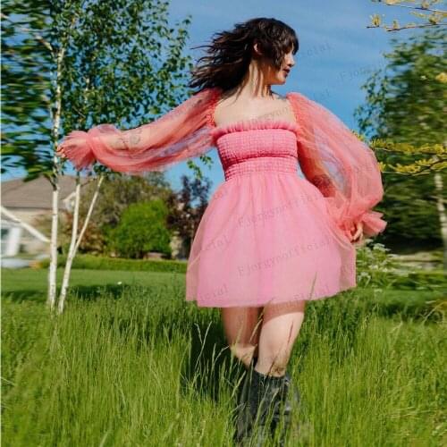 Elegant Fashion Party Dress Long Sheer Lentern Sleeves Short Summer Dresses Girls Sweet 16 Dresses Formal Event Gowns Homecoming