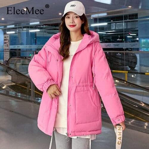 EleeMee Winter Coat For Women Hooded Winter Pocket Drawstring Short Korean Chic Zipper Solid 2021 New Arrival Size M-Xl