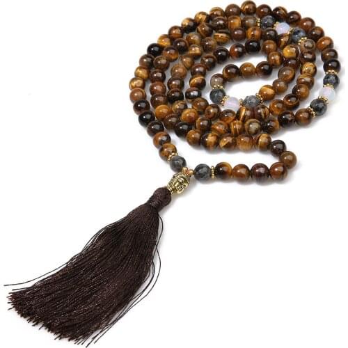 108 Beads Natural Tiger Eyes Stone Buddhist Necklace for Women Men Bohemian Tassel Yoga Jewelry Rosary Meditation Charm Bracelet
