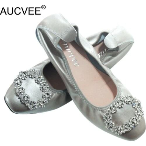 2020 Genuine Leather Crystal Women Ballet Flats Shoes Women Round Buckle Fashion Square Toe Shoes For Women Soft Comfort Loafers