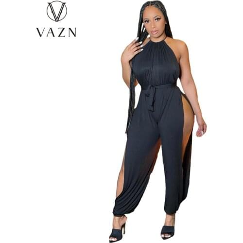 VAZN 2021 Hot Solid Young Sexy Club Sleeveless Halter Solid Black Color Women Skinny Long Hollow Out Pant Jumpsuits